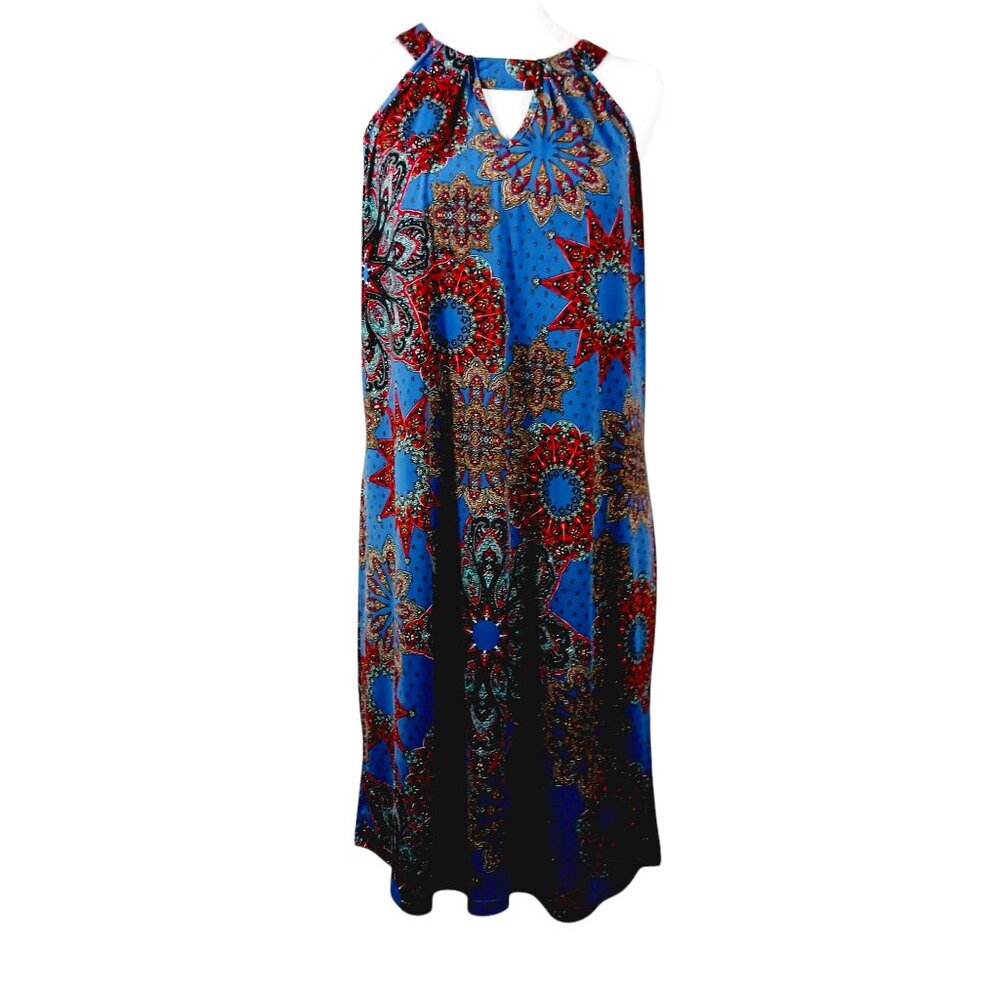 SKIES ARE BLUE, Medium Sleeveless Dress, Blue Print, Light Weight, Flowy, Knit